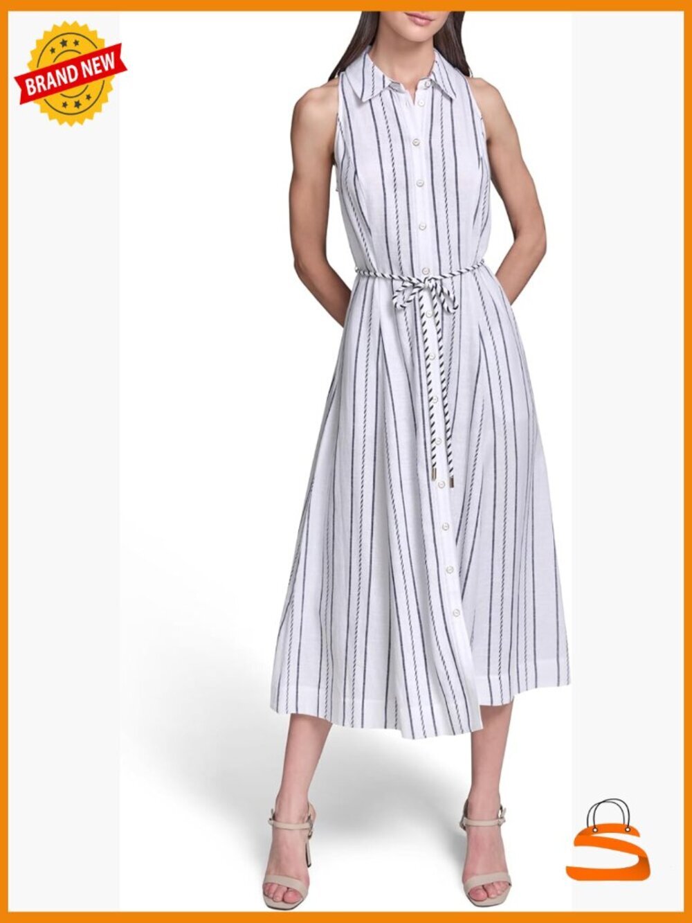 Sleeveless Collar Striped Linen Midi Dress with Rope Belt